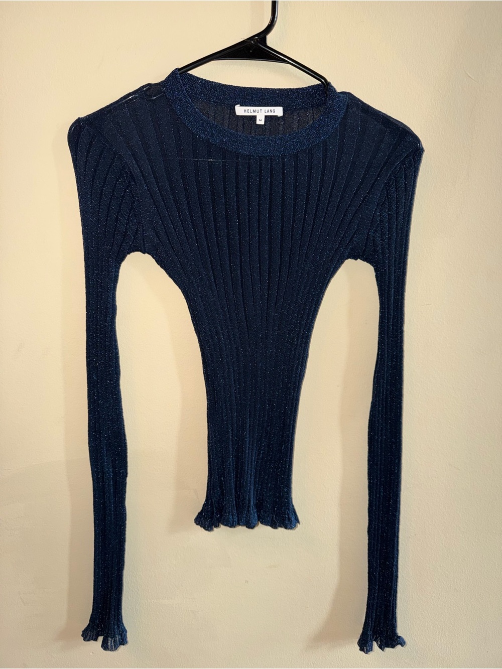 Helmut Lang Navy Ribbed Scoop-Neck Metallic Trim Sweater